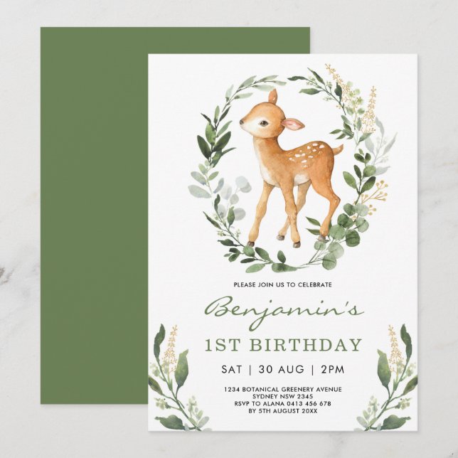 Sweet Woodland Greenery Forest Baby Hjort Birthday Inbjudningar (Fram/baksida)