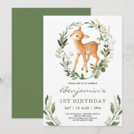Sweet Woodland Greenery Forest Baby Hjort Birthday Inbjudningar