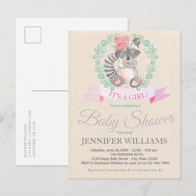Sweet Woodland Raccoon Blommigt Boho Baby Shower Inbjudan Vykort (Fram/baksida)