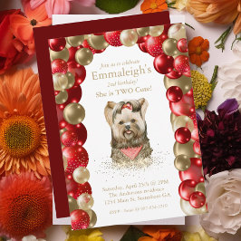 Sweet Yorkie Two Cute Red Guld Balloon Birthday Inbjudningar