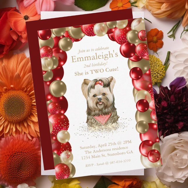 Sweet Yorkie Two Cute Red Guld Balloon Birthday Inbjudningar (Skapare uppladdad)