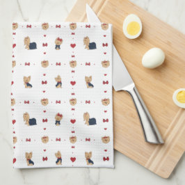 Sweet Yorkies Bows Hearts White Kökshandduk