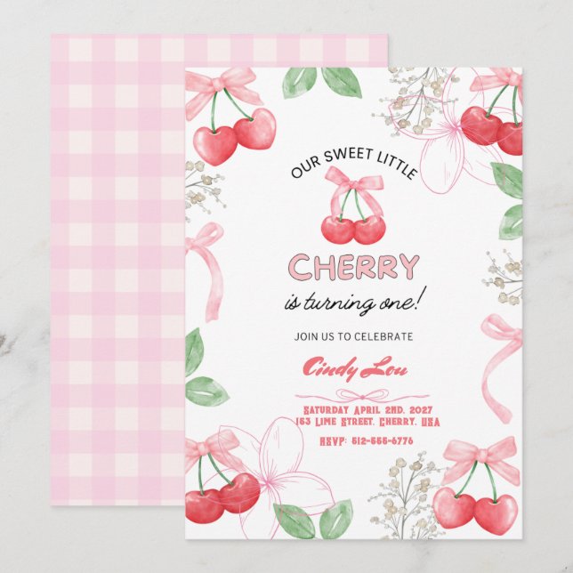 Sweetest Cherry 1st Custom Digital  Inbjudningar (Fram/baksida)