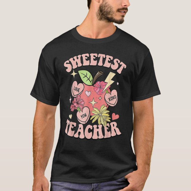 Sweetest Teacher Funny Valentines Day Retro Teache T Shirt (Framsida)