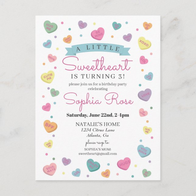 Sweetheart Candy Februari Födelsedagsfest för Tjej Vykort (Framsida)