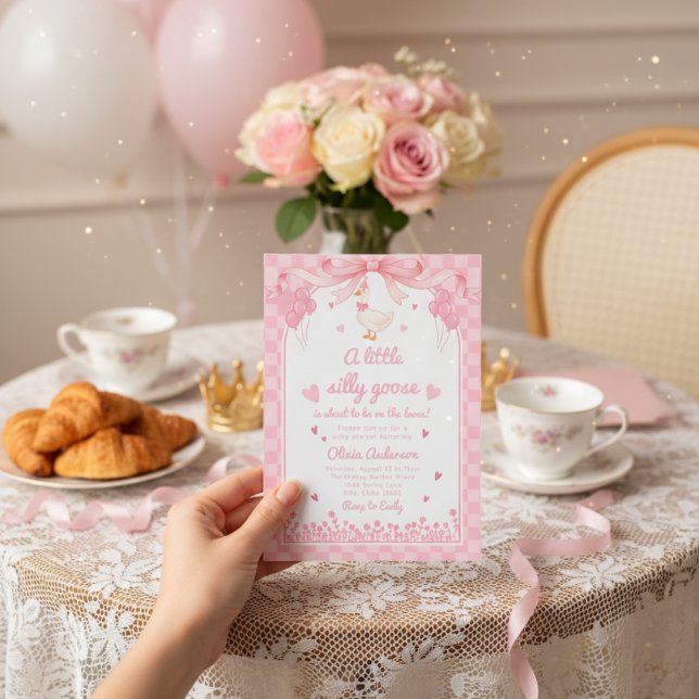 sweetheart pink goose gingham bow floral baby girl inbjudningar (Skapare uppladdad)