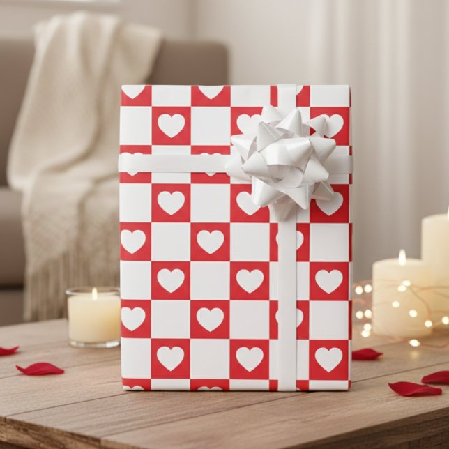 Sweetheart Red & White Checkerboard With Hearts Presentpapper (Sweetheart Red & White Checkerboard With Hearts Wrapping Paper)