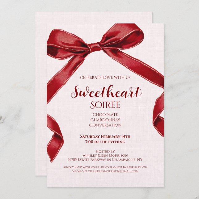 Sweetheart Soiree Elegant Bow Valentines Day Party Inbjudningar (Fram/baksida)