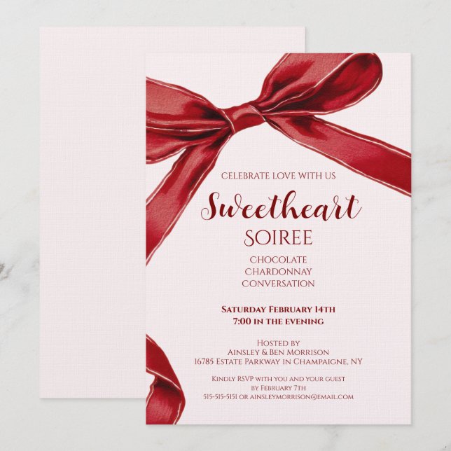 Sweetheart Soiree Elegant Bow Valentines Day Party Inbjudningar (Fram/baksida)