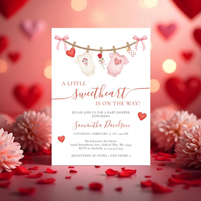 Sweetheart Valentine Clothesline Baby Shower Inbjudningar (Sweetheart Valentine Clothesline Baby Shower Invitation)