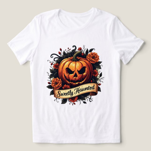 Sweetly Haunted Gothic Blommigt Pumpkin - Hallowee T Shirt (Design Framsida)