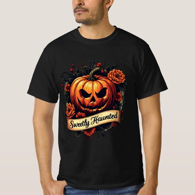 Sweetly Haunted Gothic Blommigt Pumpkin - Hallowee T Shirt (Framsida)
