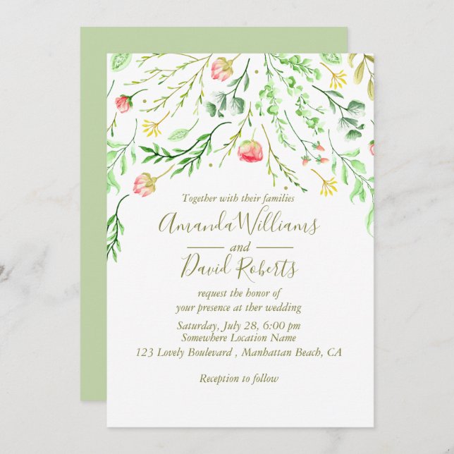 Sweetly Romantic | Bröllopsinbjudan till Blommigt Inbjudningar (Fram/baksida)