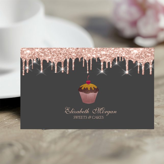  Sweets Cupcake Cherry Rose Gold Drips Bakery  Visitkort (Skapare uppladdad)