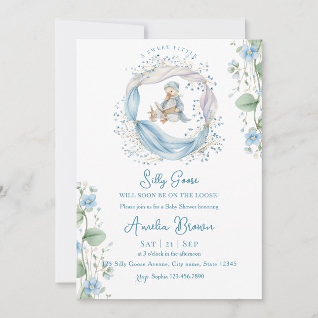 Swet Silly Goose Reading Baby Shower Invitation Inbjudningar (Framsida)