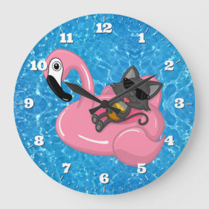 Swiming Bassäng Cute Cat Flamingo Blue Vatten Stor Klocka