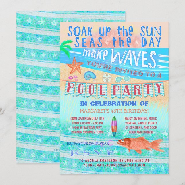 Swiming Roligt Sea Fish och Beach vid sommaren Bas Inbjudningar (Fram/baksida)
