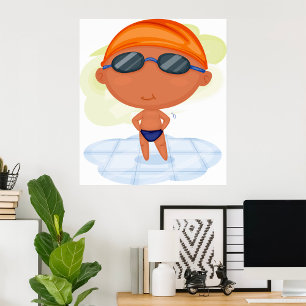 Swimmer Boy i Goggles och Simma Cap Poster