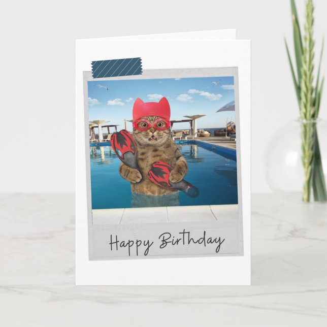 Swimmer Cat Funny Birthday Card Kort (Framsida)