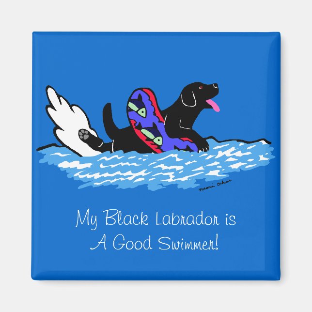 Swimmig Black Labrador Tecknad Magnet (Framsidan)