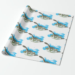 Swimming av havssköldpaddor i vattenfärgsdesign presentpapper
