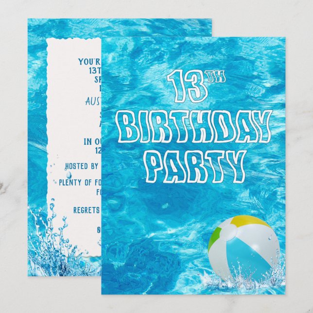 Swimming Bassäng 13:e Födelsedagsfesten Inbjudan (Fram/baksida)
