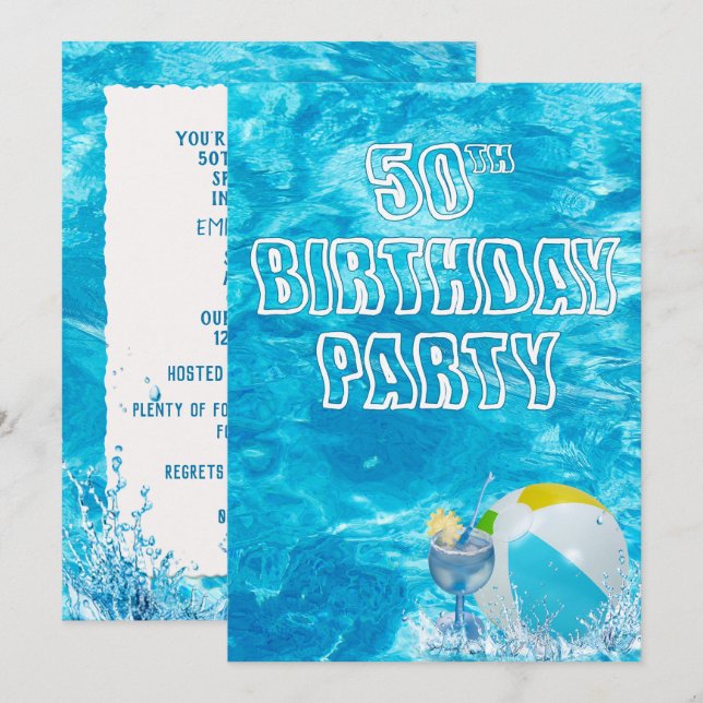 Swimming Bassäng 50:e Födelsedagsfest Inbjudan (Fram/baksida)