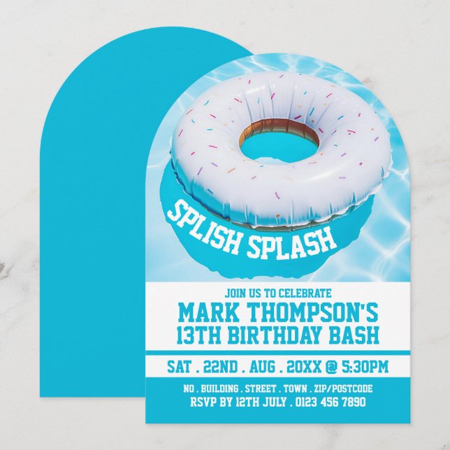 Swimming Bassäng Donut, födelsedagen Bassäng Party Inbjudningar (Fram/baksida)