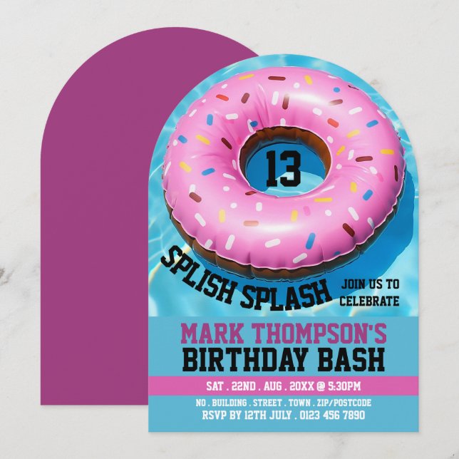 Swimming Bassäng Donut, födelsedagen Bassäng Party Inbjudningar (Fram/baksida)