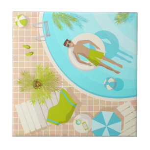 Swimming bassäng kille på tropiska sommarstrandsem kakelplatta
