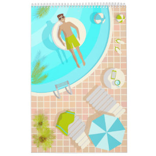 Swimming bassäng kille på tropiska sommarstrandsem kalender