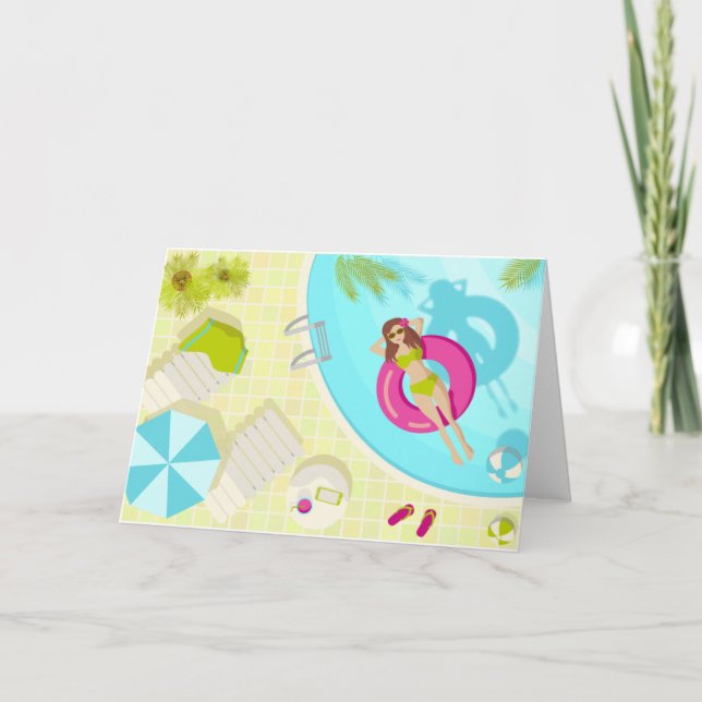 Swimming bassäng tjej på bikini sommarstrand tack kort (Framsida)