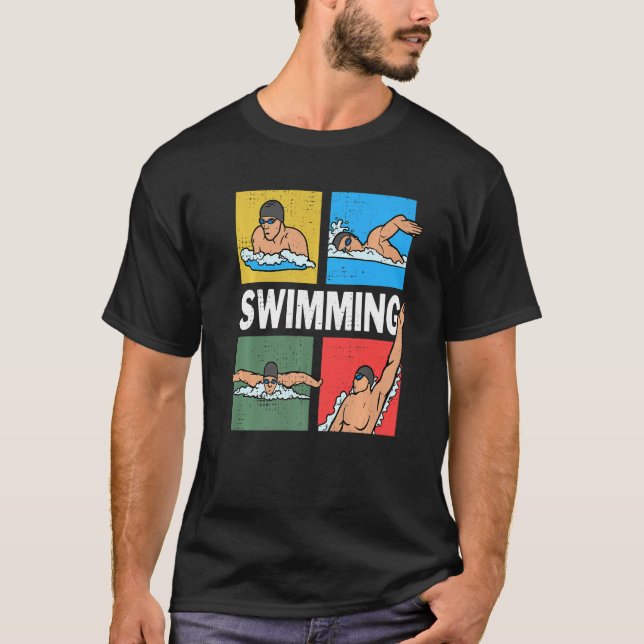 Swimming crawl, chest, back, dolphin, 4 swimming s t shirt (Framsida)
