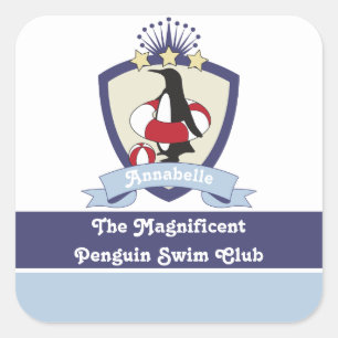 Swimming Klubb Vapensköld Cute Tecknad Penguin Kid Fyrkantigt Klistermärke