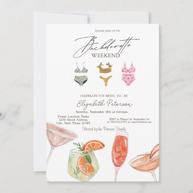 Swimming Kostym Cocktails Bachelorette Party Inbjudningar (Framsida)