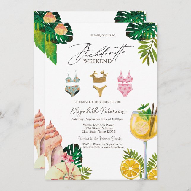 Swimming Kostym Löv Cocktails Bachelorette Party Inbjudningar (Fram/baksida)