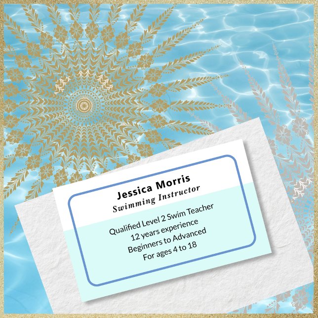 Swimming Lessons Teacher Simma Coach QR Visitkort (A business card for a swimming instructor, to customize with name, job title and more information)