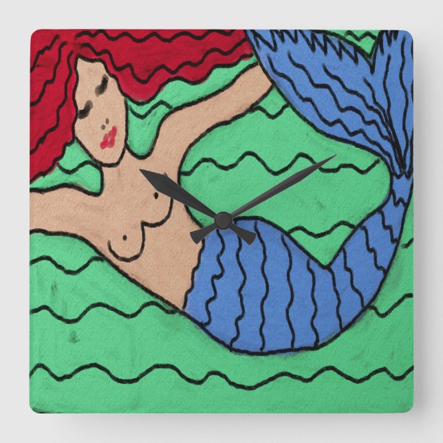 Swimming Mermaid Abstract Painting Square Wall Clo Fyrkantig Klocka (Framsida)