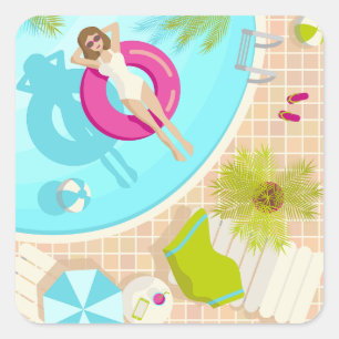 Swimming party flicka i bassäng på bikini sommarst fyrkantigt klistermärke