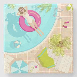 Swimming party flicka i bassäng på bikini sommarst stenunderlägg