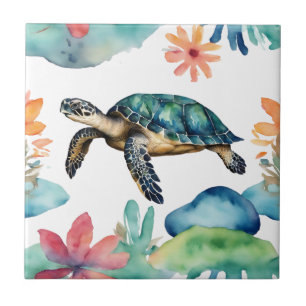 Swimming Sea Turtle Abstrakt Watercolor Kakelplatta