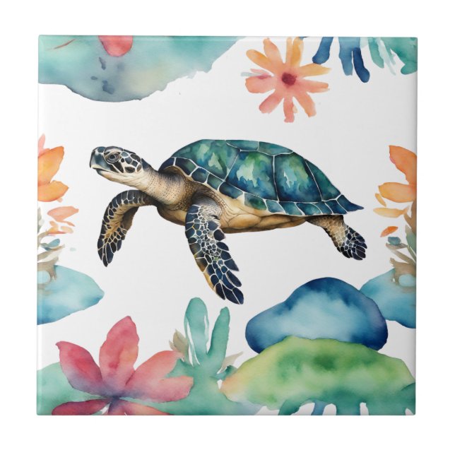 Swimming Sea Turtle Abstrakt Watercolor Kakelplatta (Framsidan)
