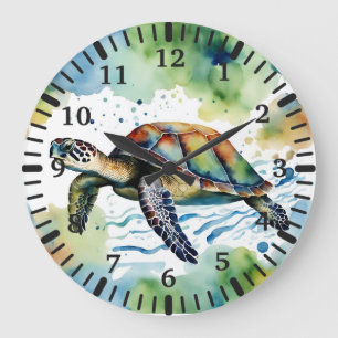 Swimming Sea Turtle Abstrakt Watercolor Stor Klocka