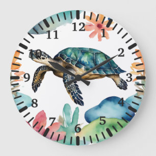 Swimming Sea Turtle Abstrakt Watercolor Stor Klocka