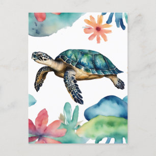 Swimming Sea Turtle Abstrakt Watercolor Vykort