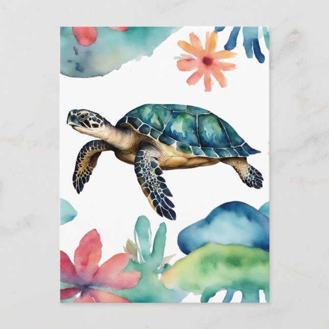 Swimming Sea Turtle Abstrakt Watercolor Vykort (Framsida)