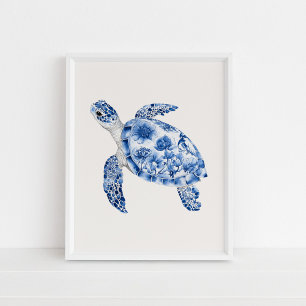 Swimming Sea Turtle - Kustblått på Beige Poster