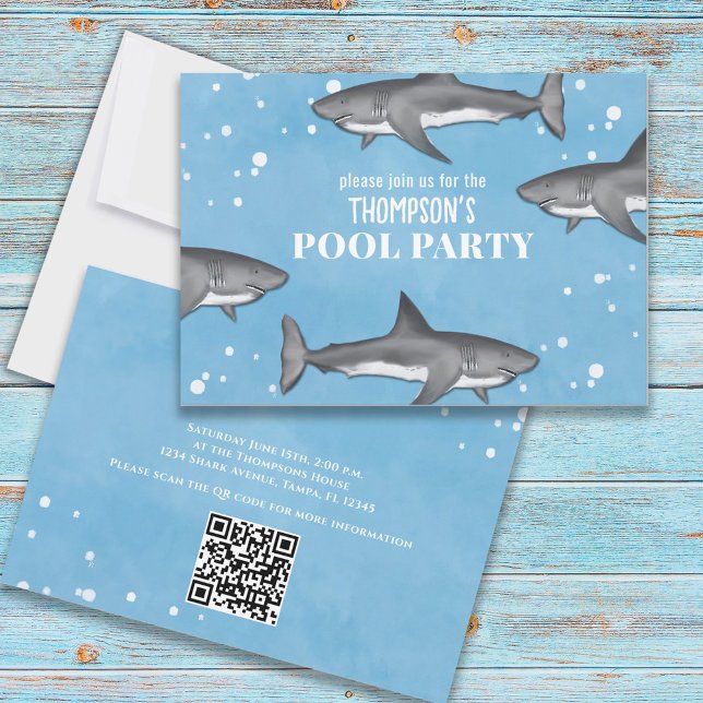 Swimming Sharks QR-kod vid Partyna oceanen i Bassä Inbjudningar (Skapare uppladdad)