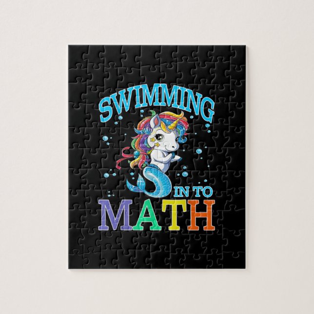 Swimming till Math Unicorn Sjöjungfru T-Shirt Pussel (Vertikal)