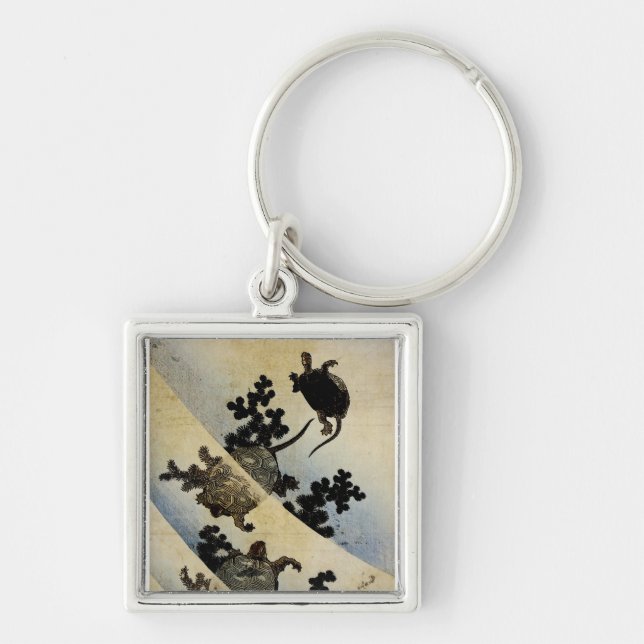 Swimming Turtles Fyrkantig Silverfärgad Nyckelring (Framsidan)